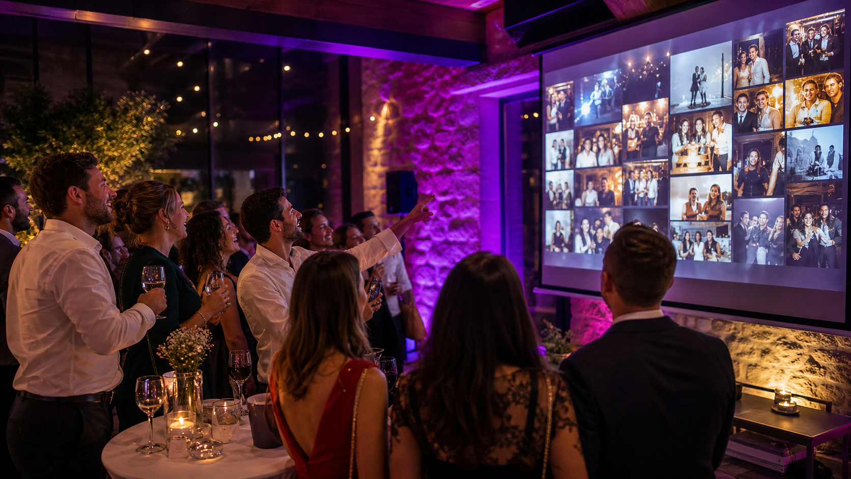 Invites regardant une projection de photos partagees pendant une fete